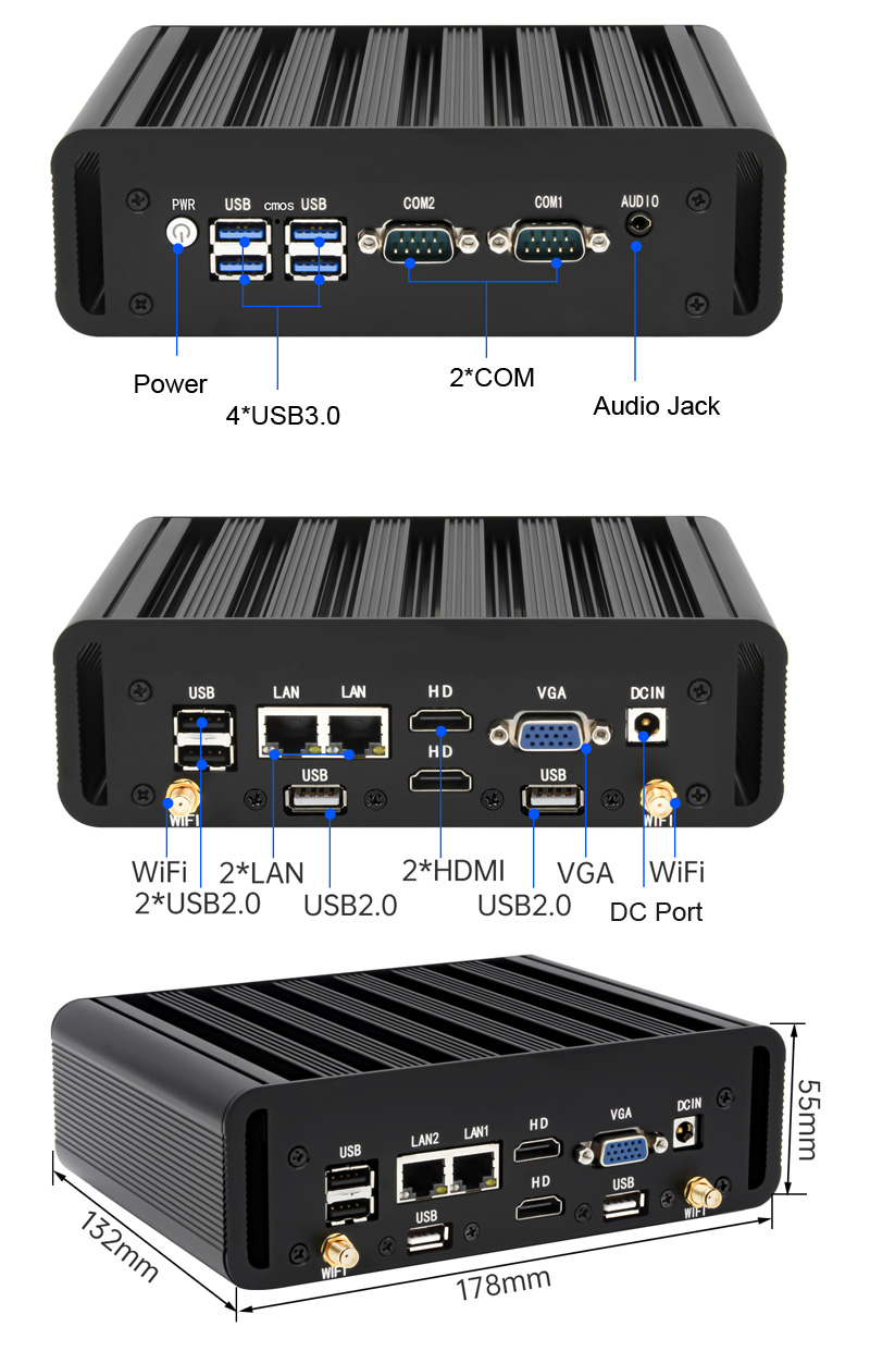 Cheapest Industrial PC Intel I5-7200U 16+256GB Wifi IP51 Industrial Fanless Mini PC with DC RJ45 LAN HDM-I VGA RS232 RS485 Port